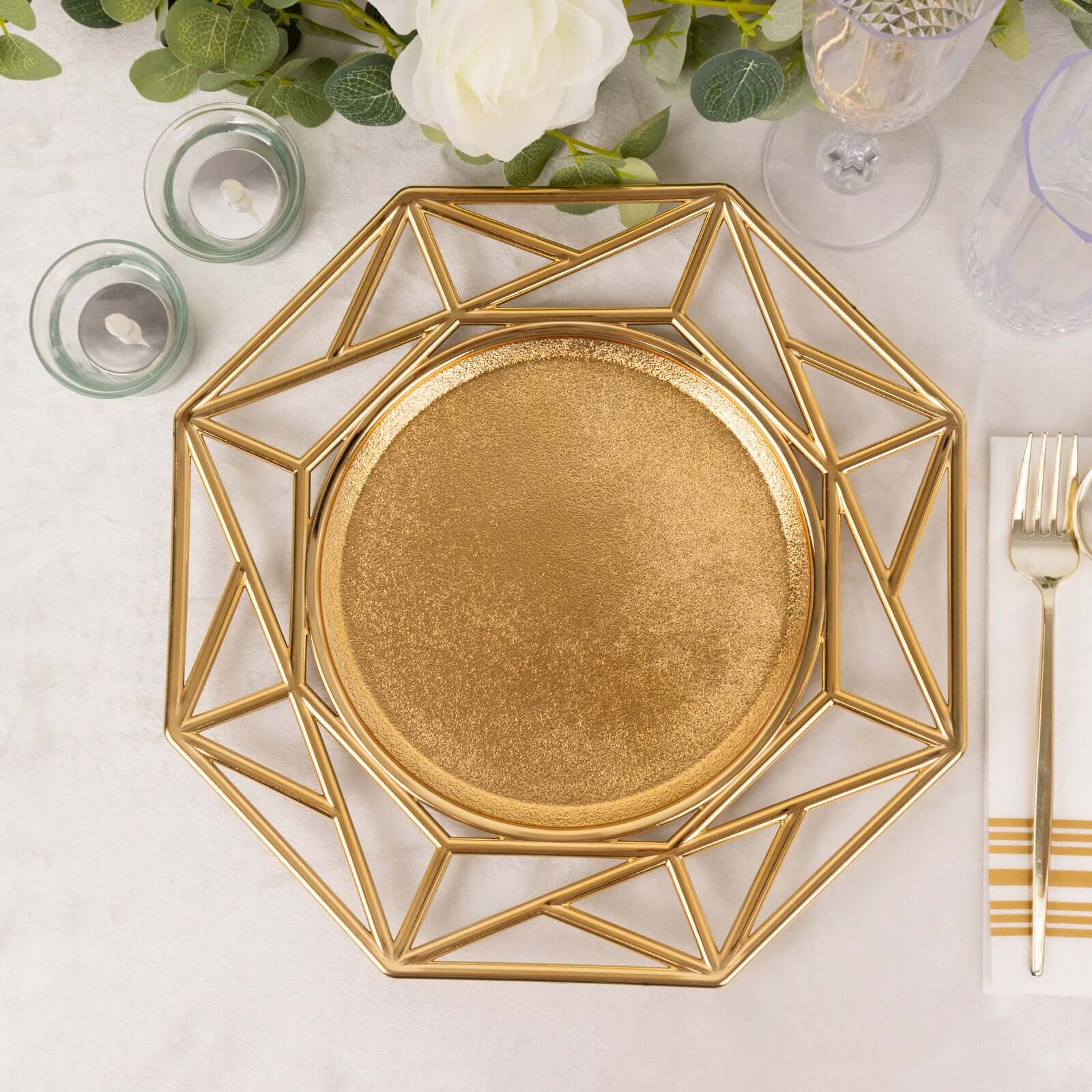 6-Pack Acrylic Charger Plates 13" Octagon Metallic Gold with Hollow Geometric Rim - Plastic Disposable Decorative Chargers - Image 4